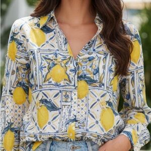 MAISON d’Amelie Cotton Lemon Print Button-Up Shirt